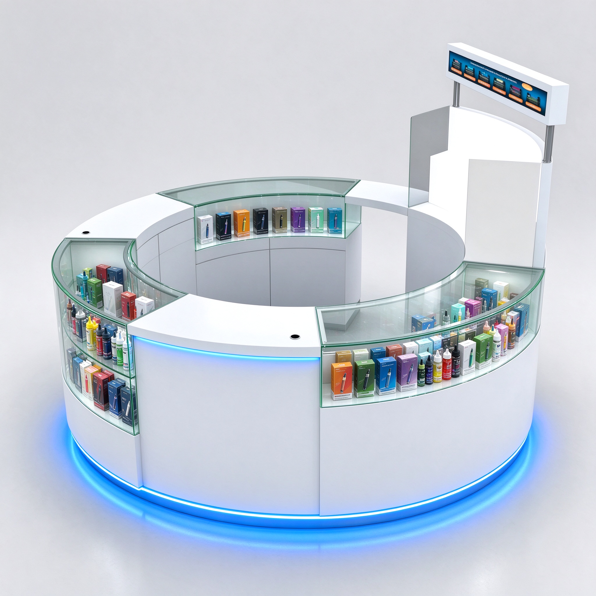 Circular ring vape kiosk main view with blue LED base