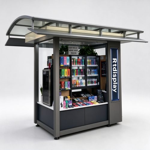 Outdoor vape kiosk main view with glass canopy roof