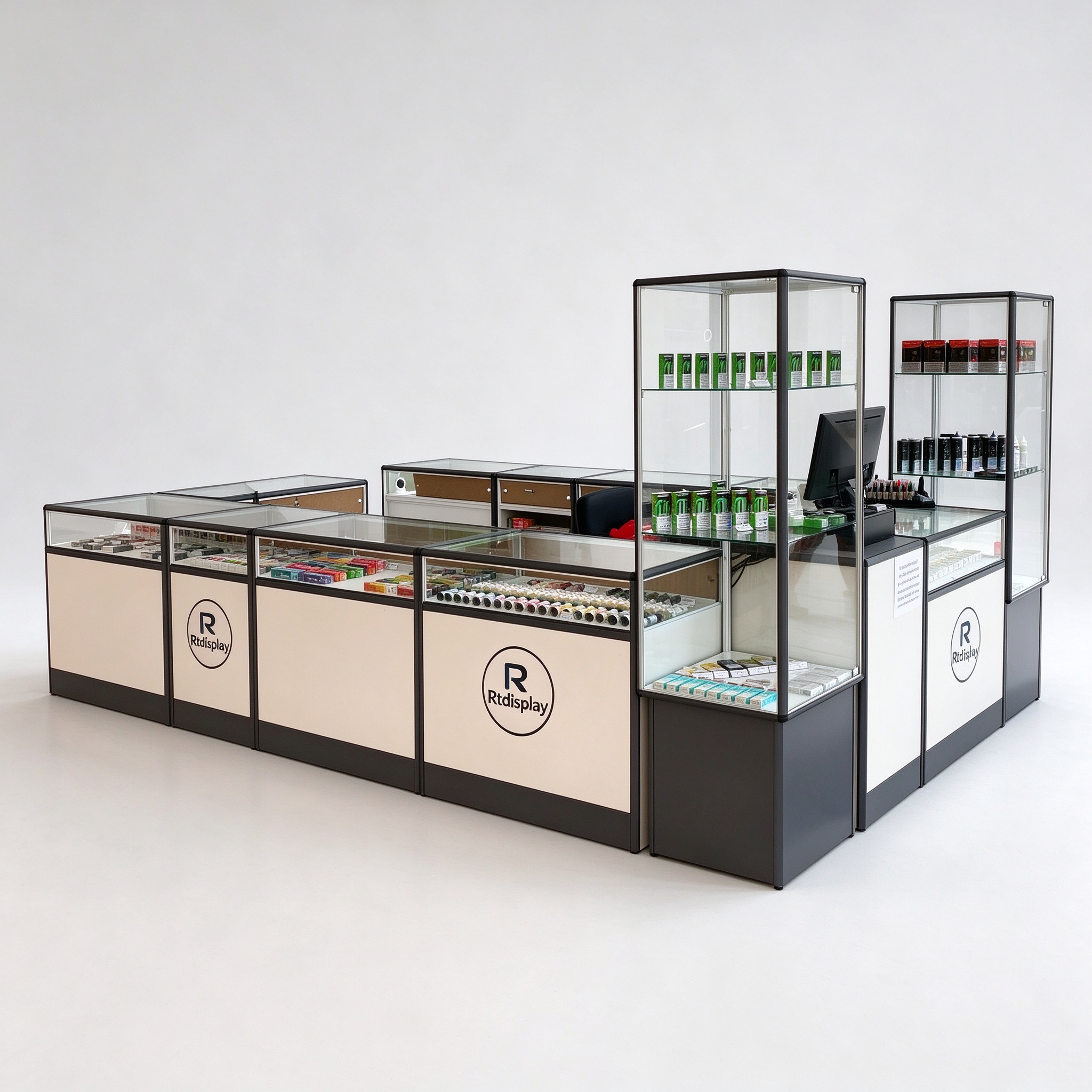 L-shaped glass vape kiosk main view with Rtdisplay logo