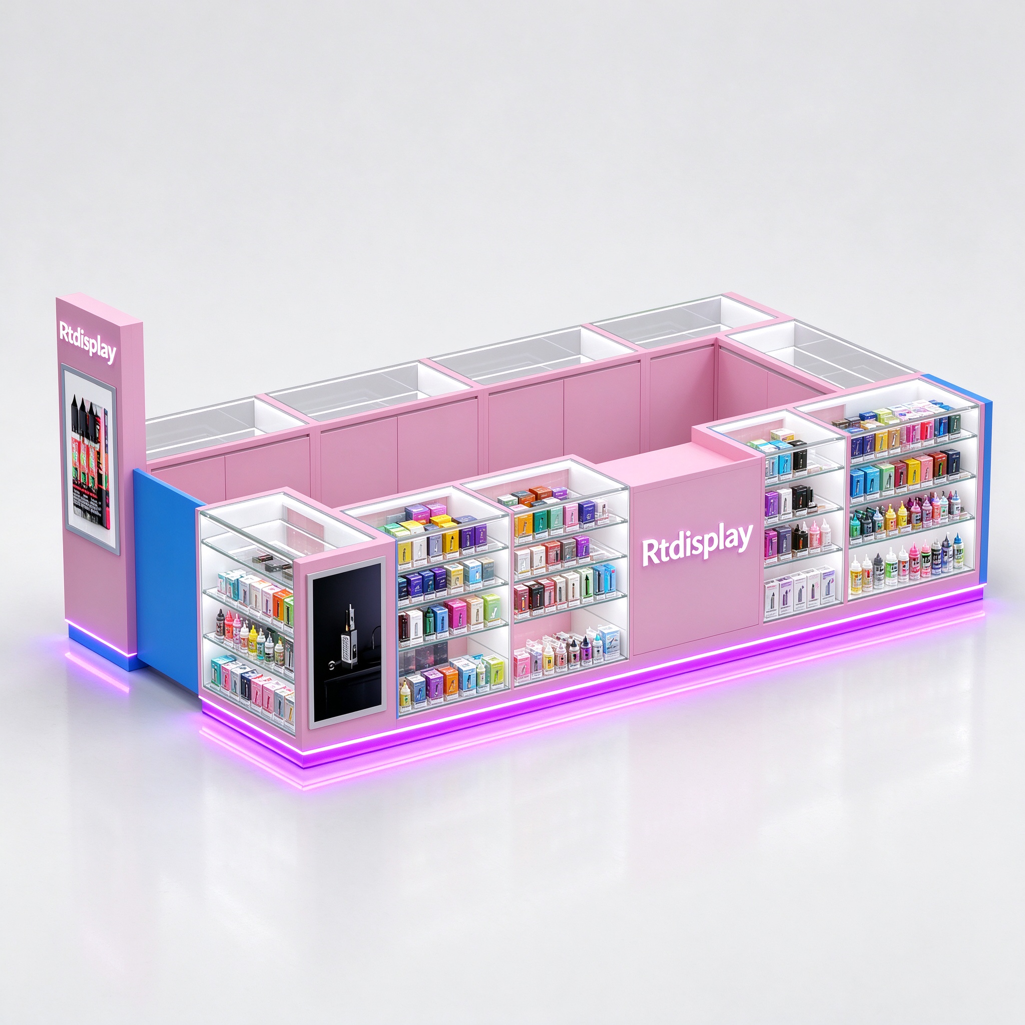Pink and blue vape kiosk main view with purple LED base