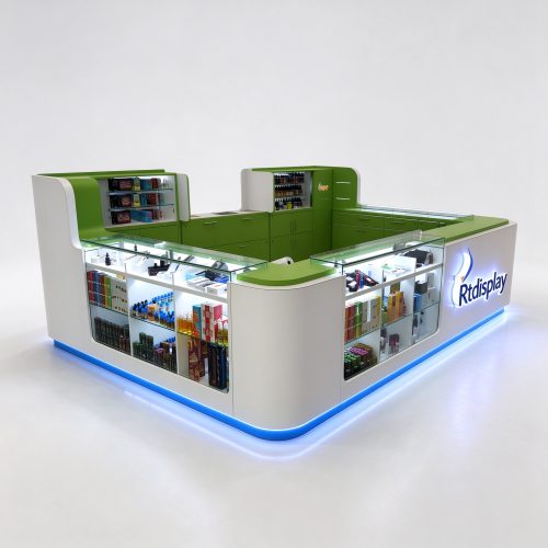 White and green rectangular mall vape kiosk main view