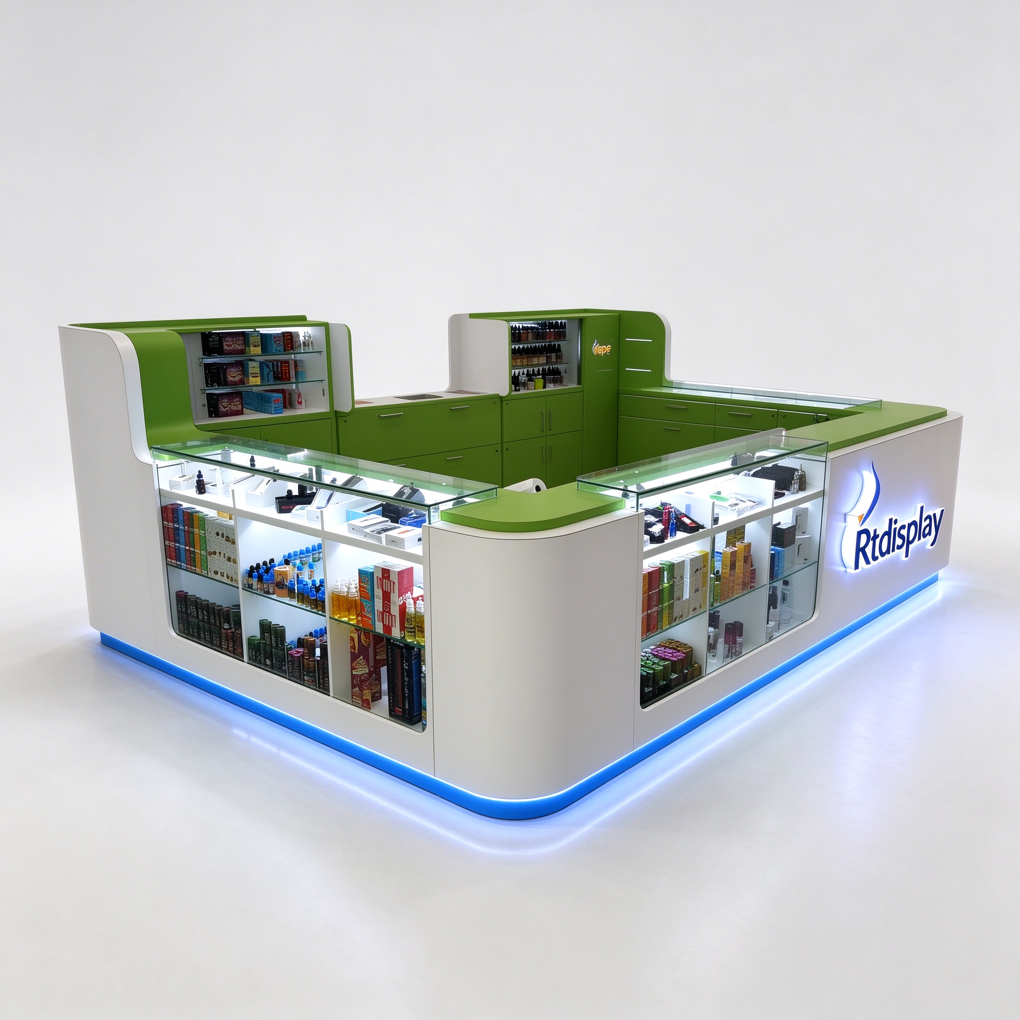 White and green rectangular mall vape kiosk main view