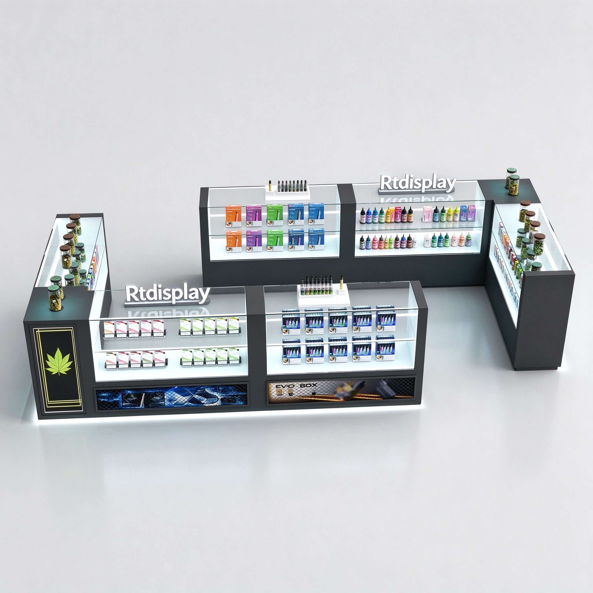 Dark curved glass vape kiosk main view with LED shelves