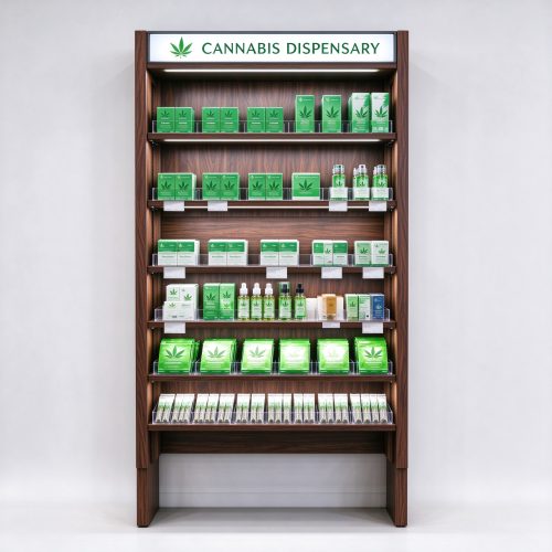 Dark walnut cannabis display shelving wall rack straight front view with lightbox
