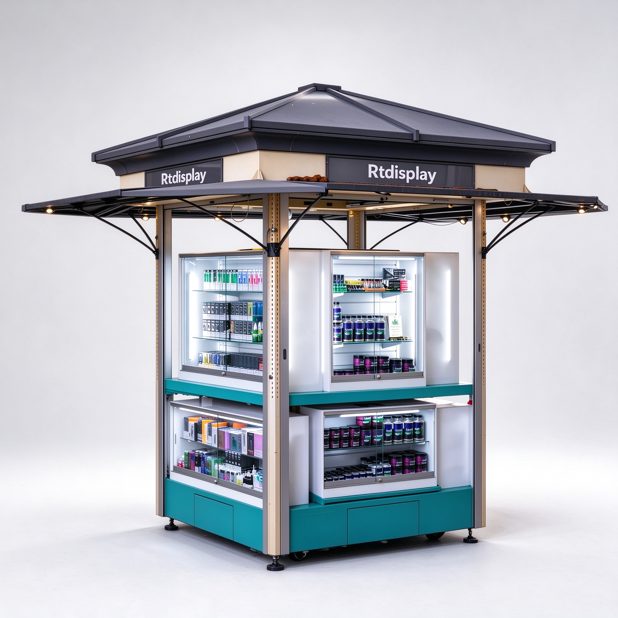 Outdoor vape kiosk main view with pyramidal roof