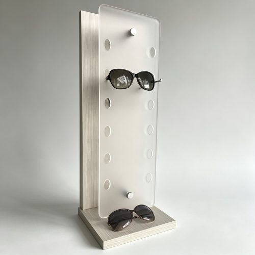 Frosted Acrylic Pegboard Countertop Eyewear Stand with Wood Base front three-quarter view