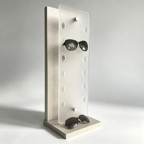 Frosted Acrylic Pegboard Countertop Eyewear Stand with Wood Base side view