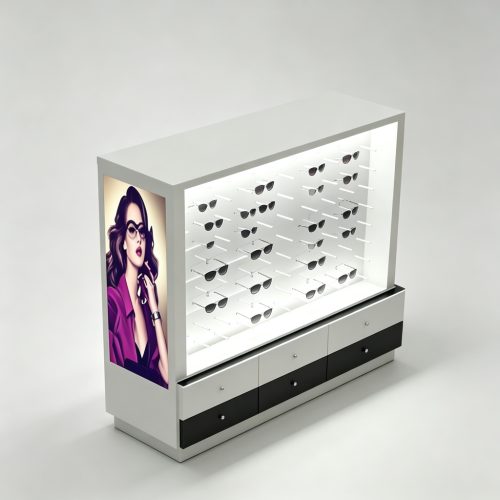 LED slatwall sunglass cabinet front three-quarter