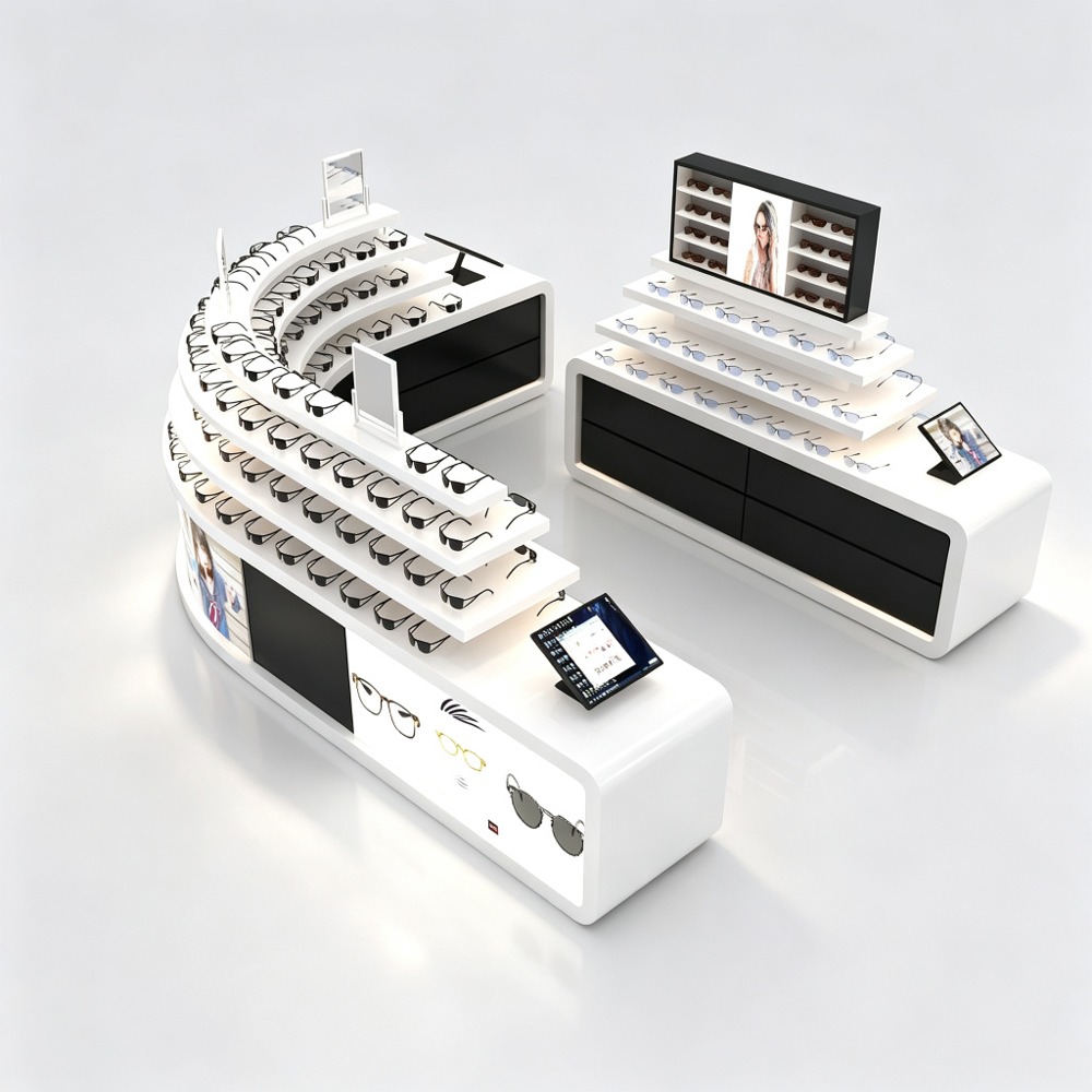 Curved White Sunglasses Kiosk with Tiered Display Shelves and Digital Screens for Mall - 10x12ft rear angled view