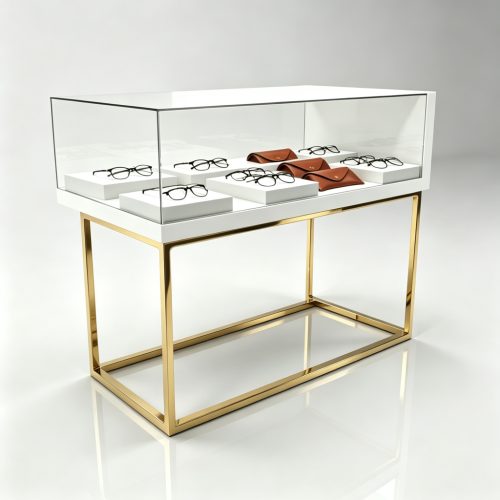 Gold sled-frame eyewear console front