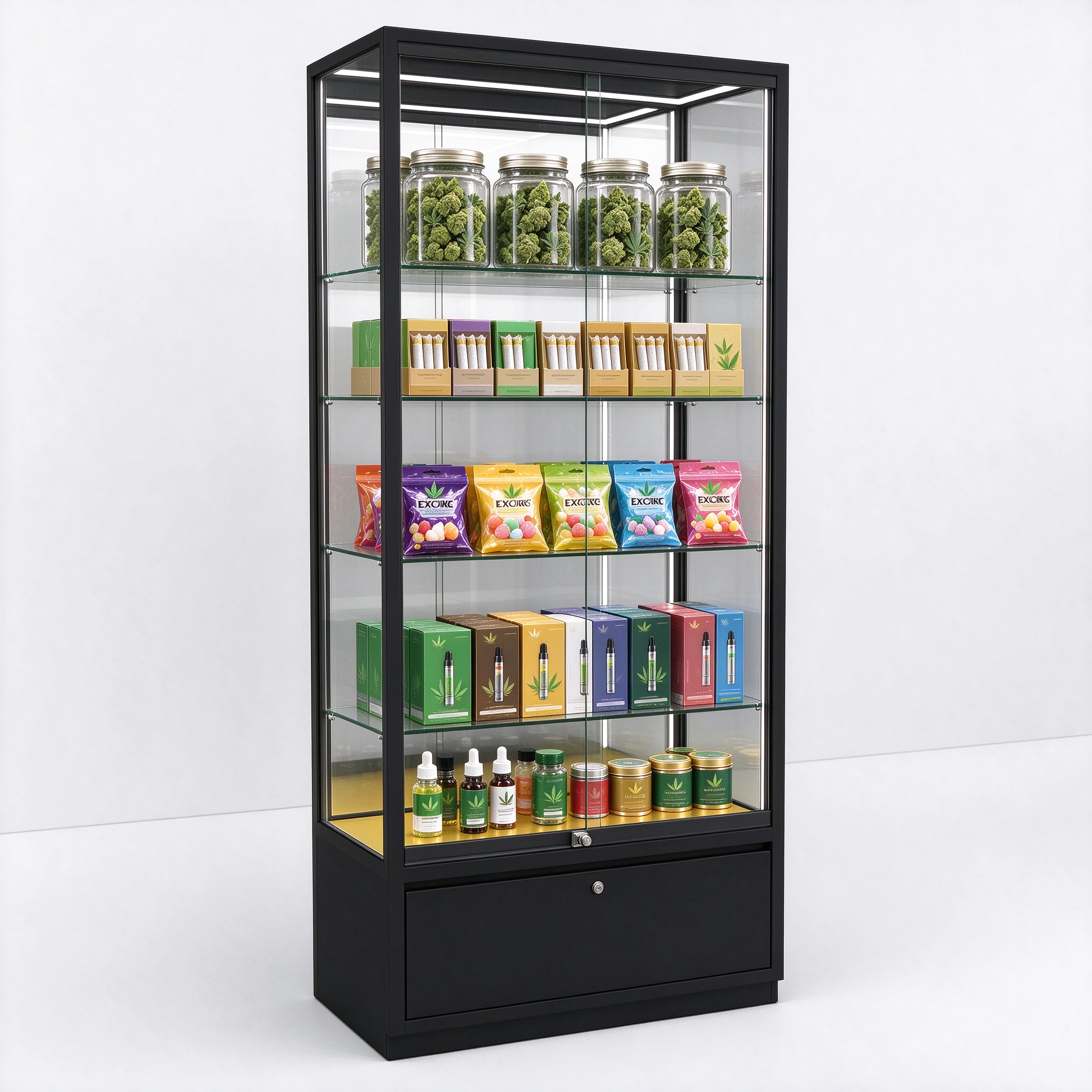 Black metal frame four-sided glass cannabis display cabinet left 45 degree angle view