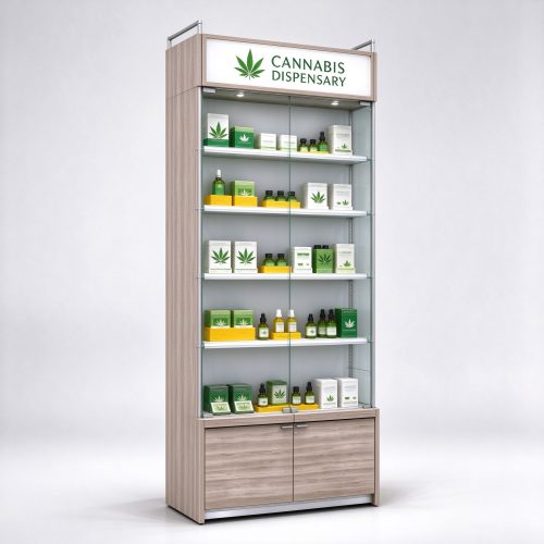 Light oak cannabis display shelving cabinet left 45 degree main view
