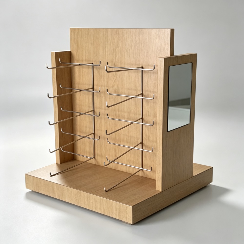 Light Oak Countertop Eyewear Stand with Chrome Wire Hooks and Mirror front three-quarter view