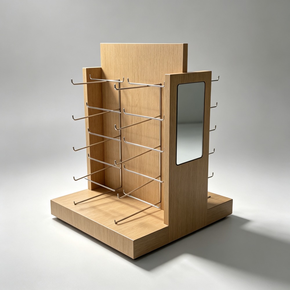 Light Oak Countertop Eyewear Stand with Chrome Wire Hooks and Mirror side view