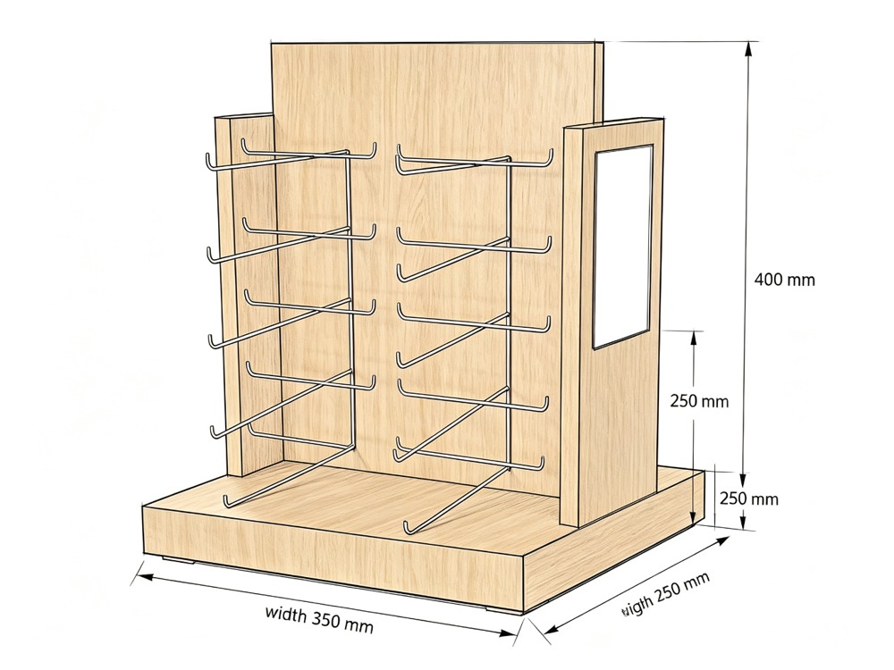 light-oak-countertop-eyewear-stand-chrome-wire-hooks-mirror dimension diagram