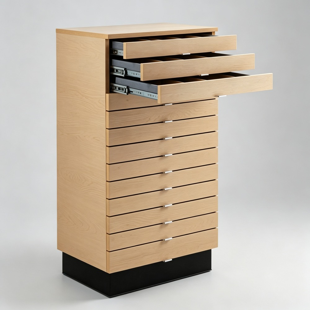 Light Oak Multi-Drawer Eyewear Storage Cabinet on Black Plinth front three-quarter view