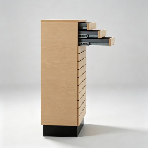 Light Oak Multi-Drawer Eyewear Storage Cabinet on Black Plinth side view