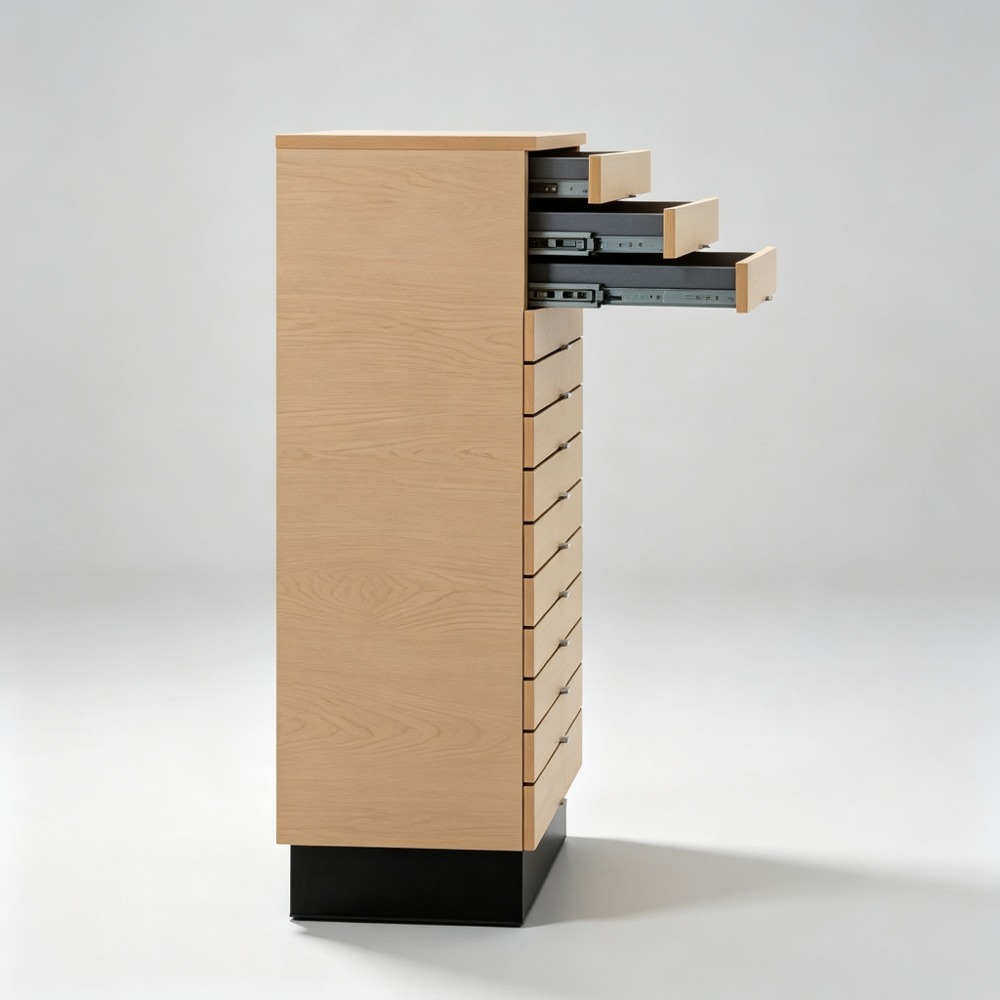 Light Oak Multi-Drawer Eyewear Storage Cabinet on Black Plinth side view