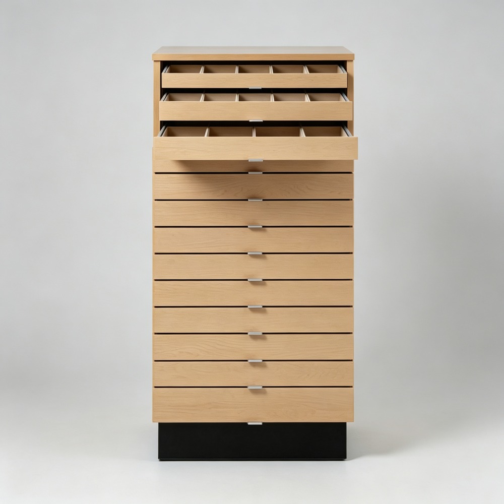 Light Oak Multi-Drawer Eyewear Storage Cabinet on Black Plinth straight front view