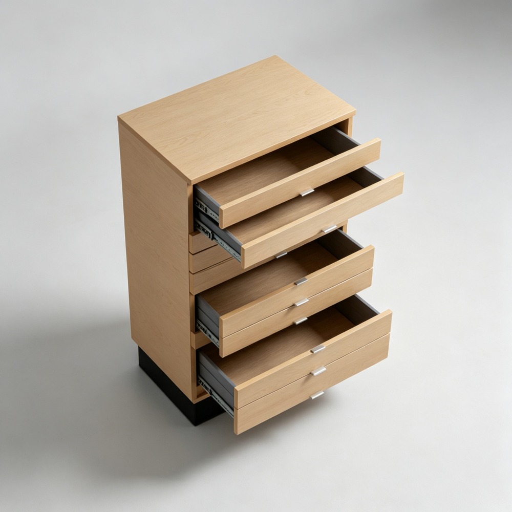 Light Oak Multi-Drawer Eyewear Storage Cabinet on Black Plinth high angle view