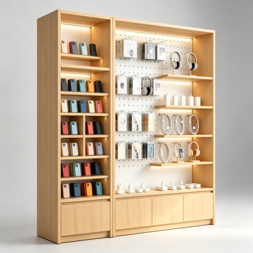 Light Wood Modular Phone Accessory Wall Display Cabinet with Pegboard front three-quarter view