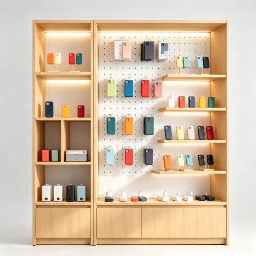 Light Wood Modular Phone Accessory Wall Display Cabinet with Pegboard front view