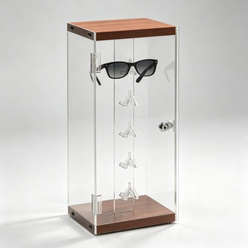 Locking Clear Acrylic Countertop Display Case with Walnut Top and Base front three-quarter view