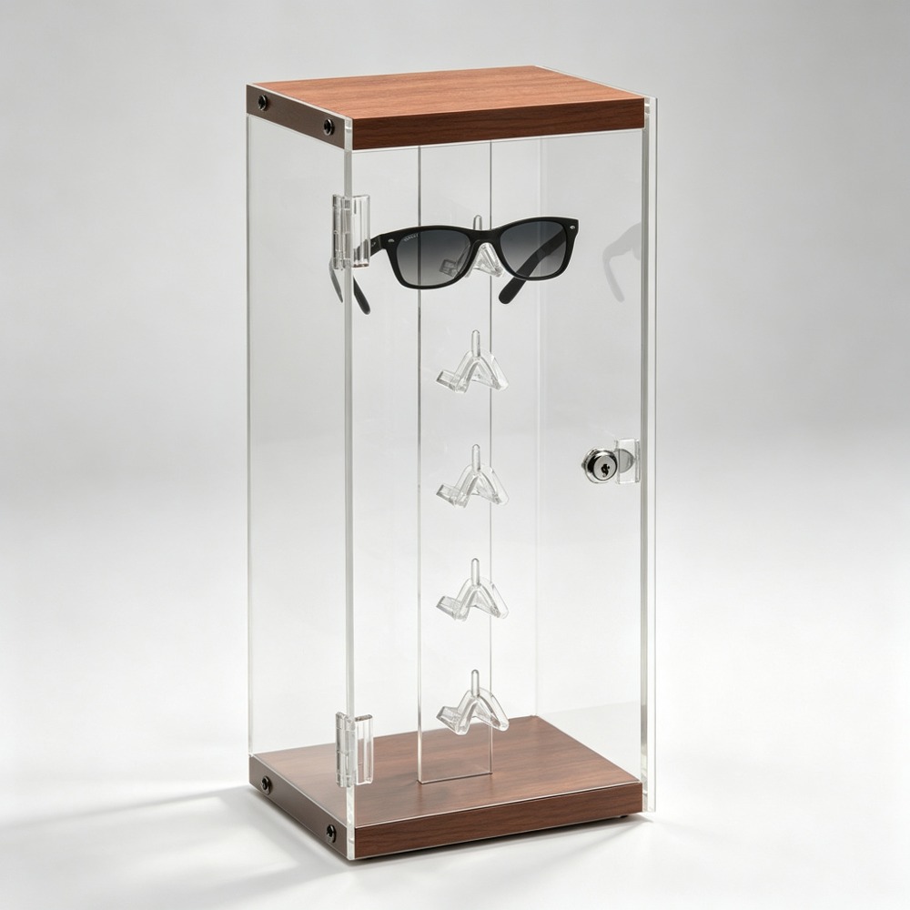 Locking Clear Acrylic Countertop Display Case with Walnut Top and Base front three-quarter view