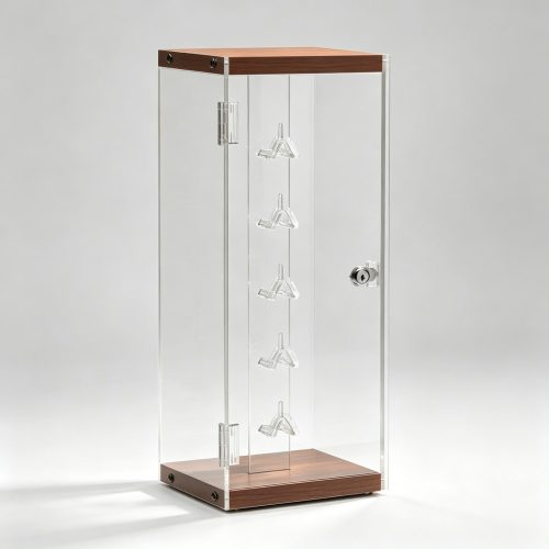 Locking Clear Acrylic Countertop Display Case with Walnut Top and Base side view