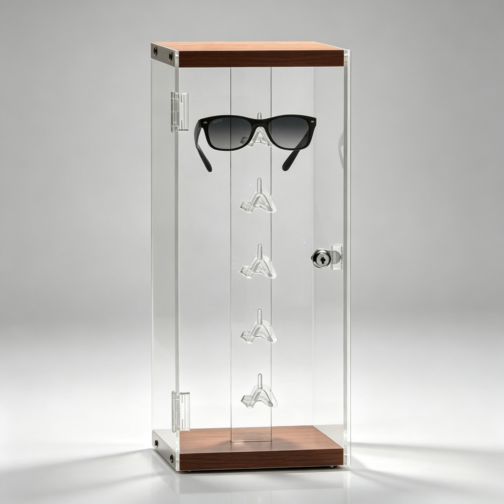 Locking Clear Acrylic Countertop Display Case with Walnut Top and Base straight front view