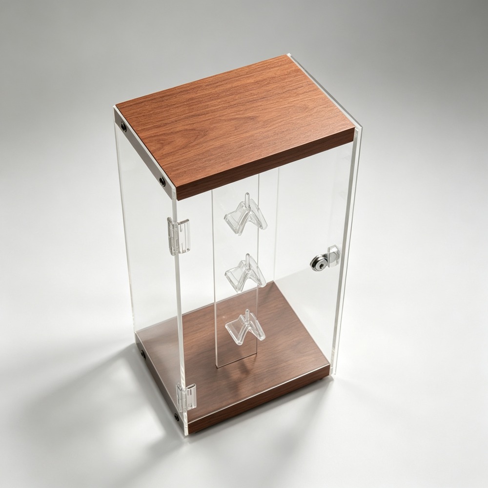 Locking Clear Acrylic Countertop Display Case with Walnut Top and Base high angle view