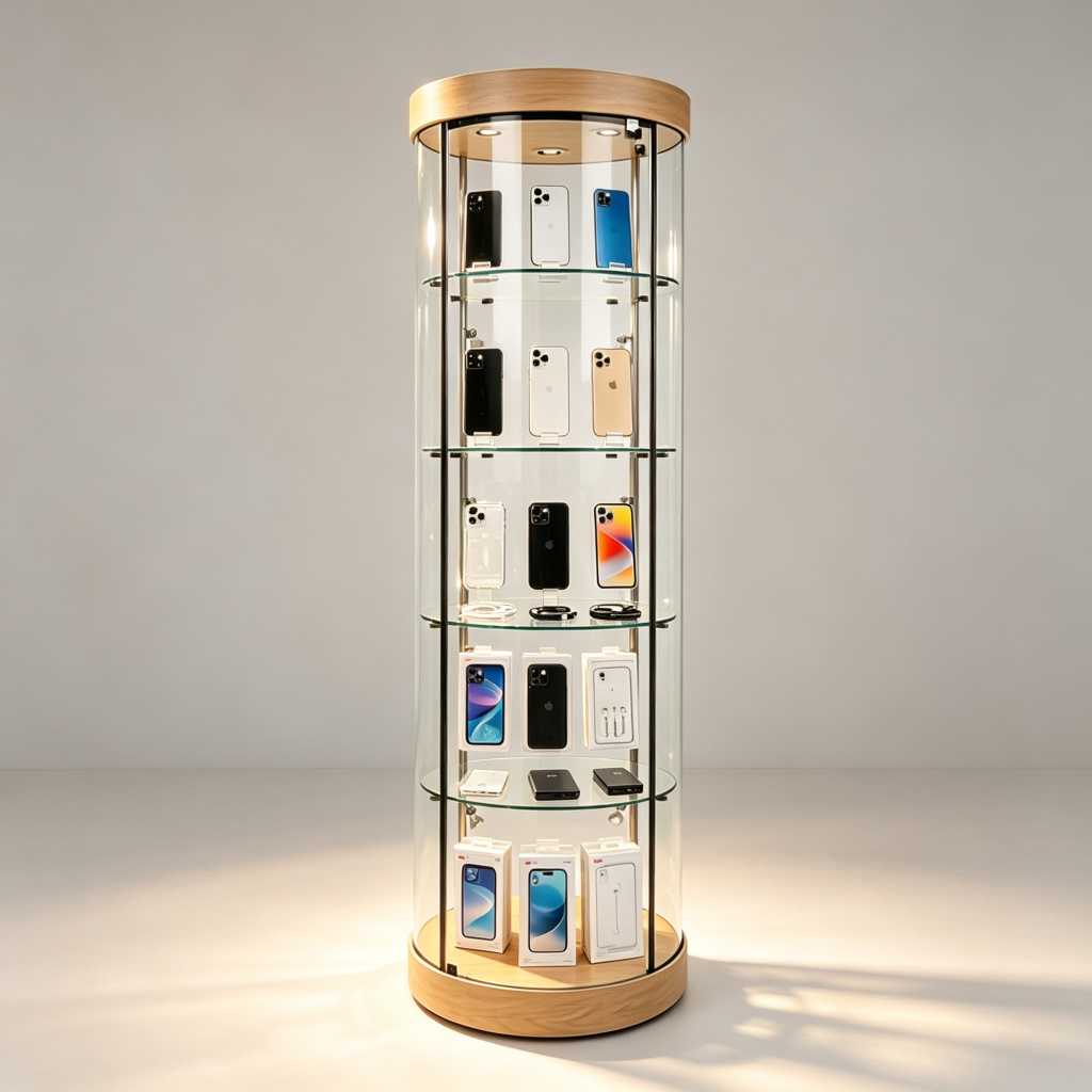 Maple cylinder glass display tower