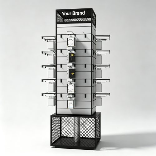 Side view metal rotating accessory display rack