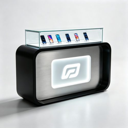 Brushed Silver Mobile Phone Display Counter with Illuminated Logo Panel left side view