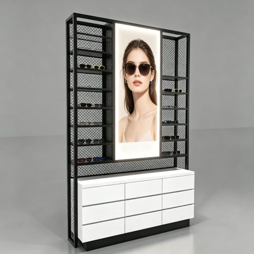 Black iron mesh eyewear wall cabinet front lightbox