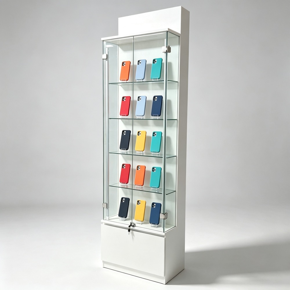 Tall White Glass Display Cabinet with Locking Door and Base Drawer front three-quarter view