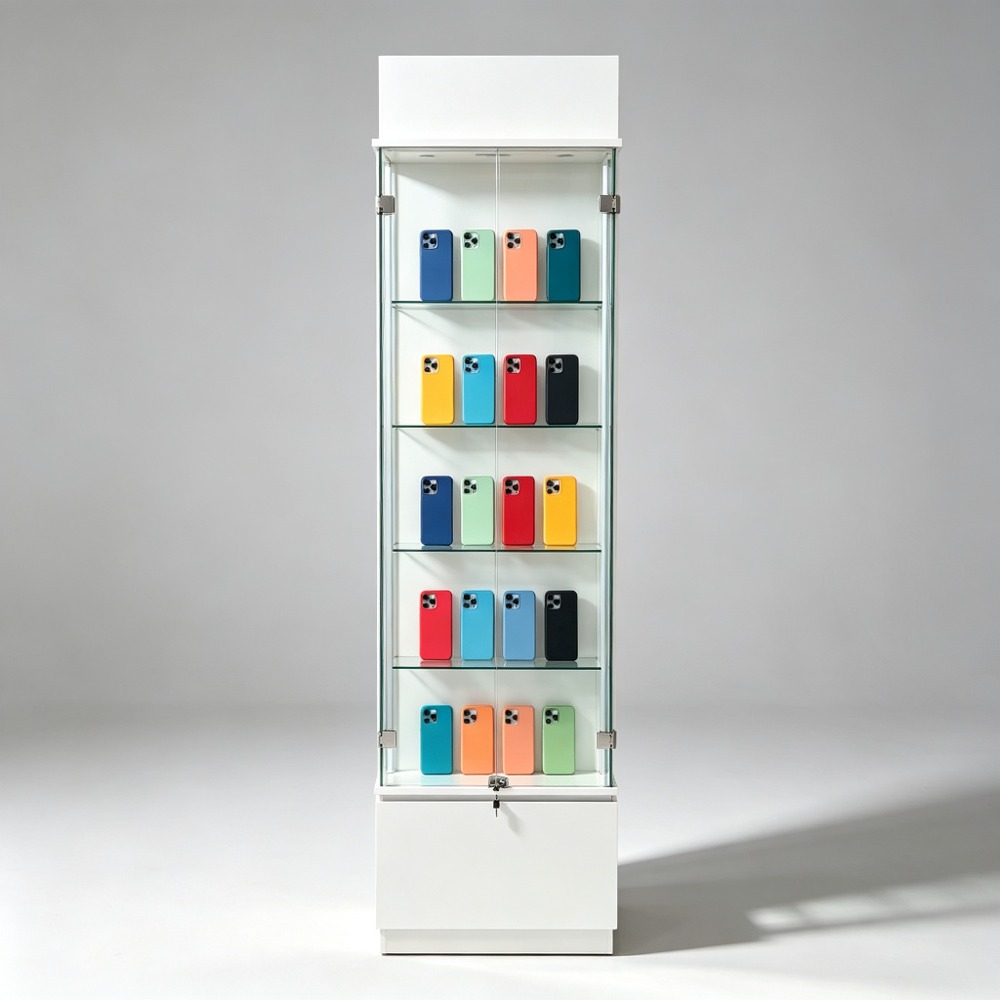 Tall White Glass Display Cabinet with Locking Door and Base Drawer front view