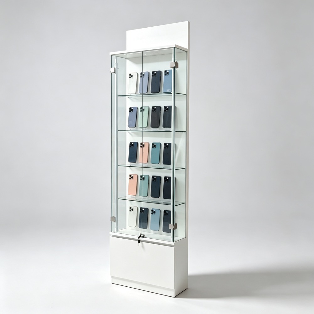 Tall White Glass Display Cabinet with Locking Door and Base Drawer left side view