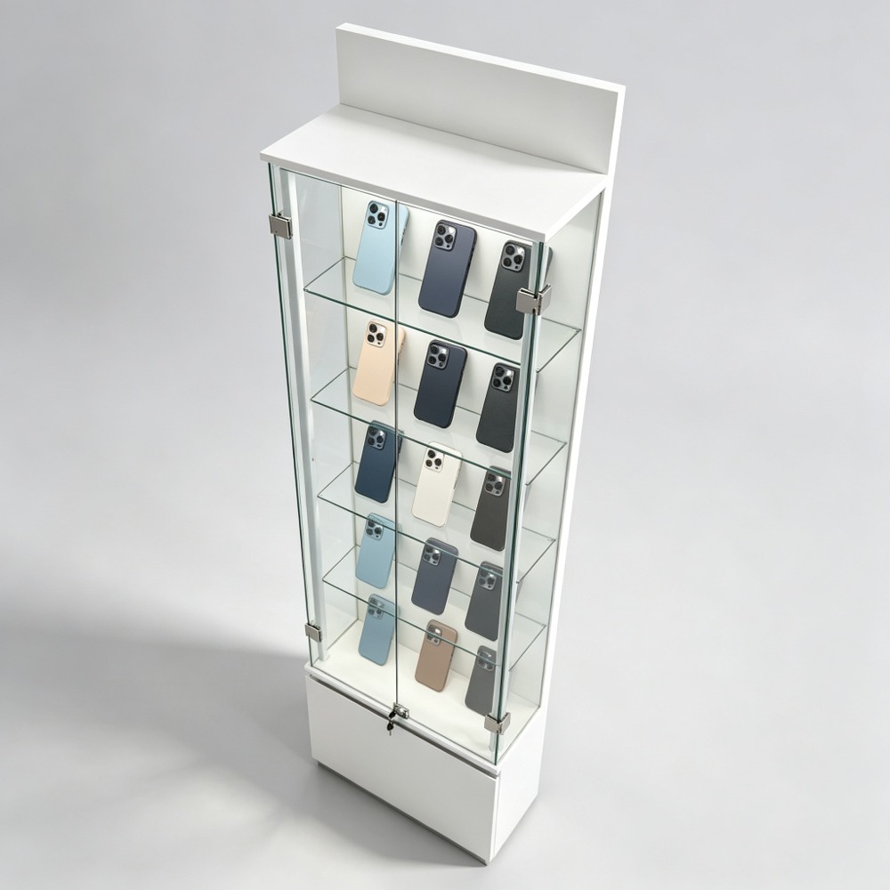 Tall White Glass Display Cabinet with Locking Door and Base Drawer top-down view