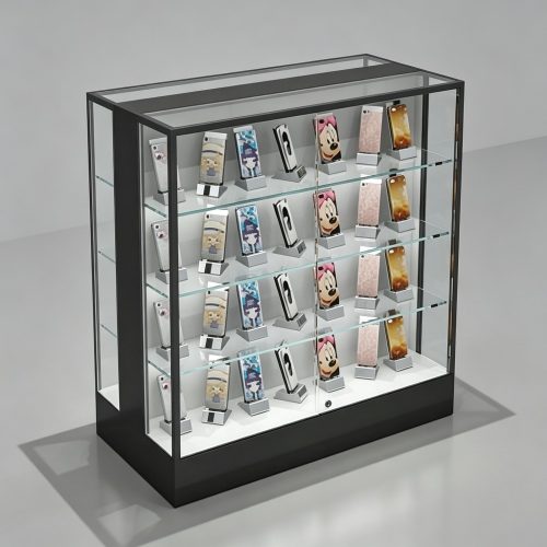 Black Base Counter Glass Display Cabinet with 4 Shelves for Phone Cases front three-quarter view