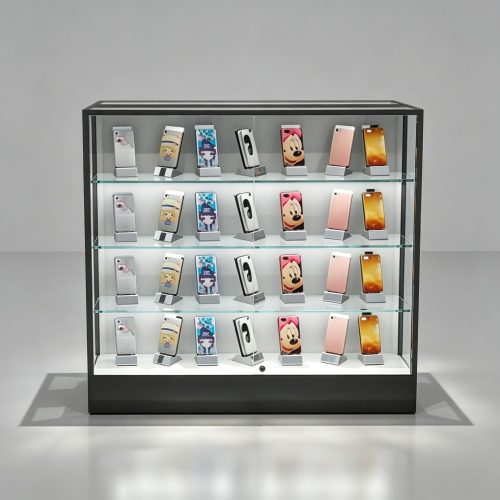 Black Base Counter Glass Display Cabinet with 4 Shelves for Phone Cases front view