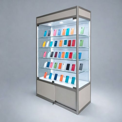 Silver Aluminum Frame Tall Glass Display Cabinet with Storage front three-quarter view