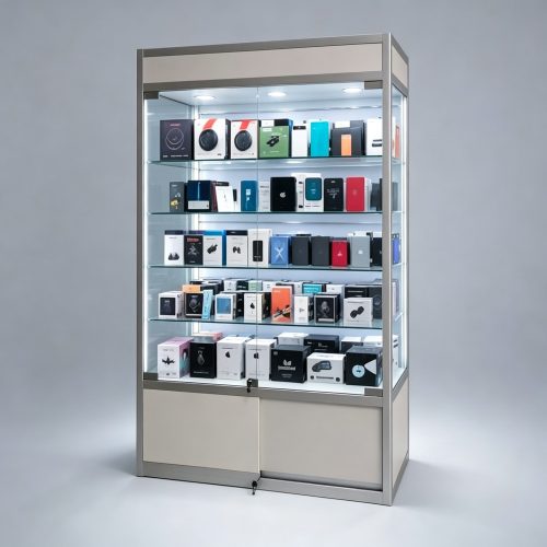Silver Aluminum Frame Tall Glass Display Cabinet with Storage front view
