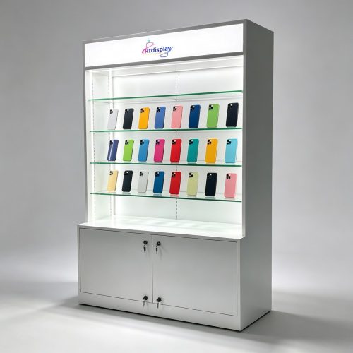 White Display Cabinet with Illuminated Lightbox and Glass Shelves front three-quarter view