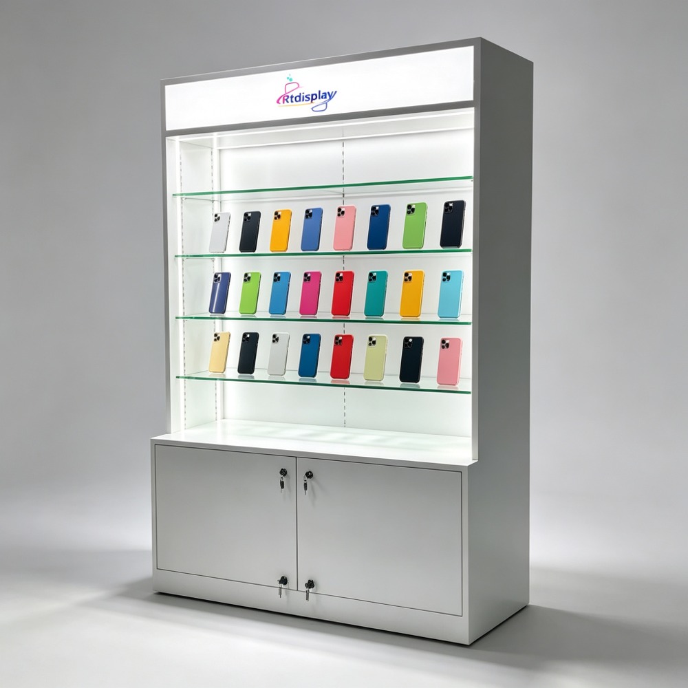 White Display Cabinet with Illuminated Lightbox and Glass Shelves front three-quarter view