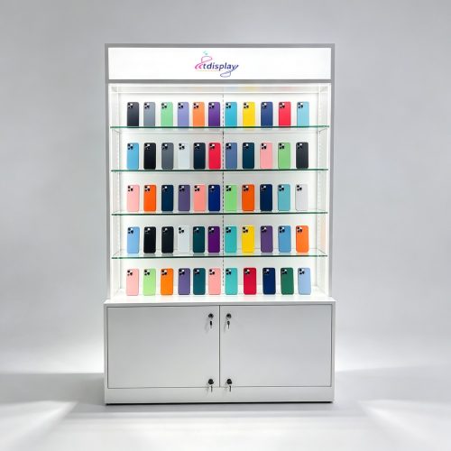 White Display Cabinet with Illuminated Lightbox and Glass Shelves front view