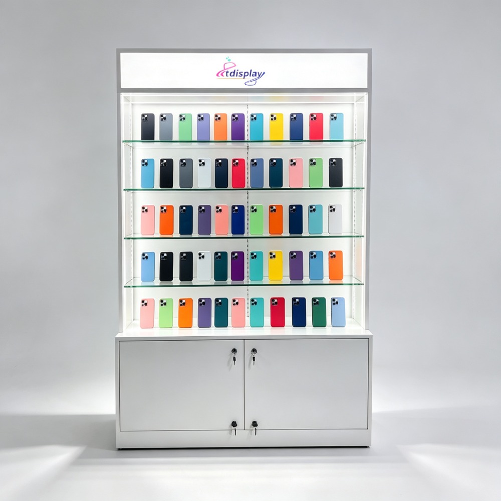 White Display Cabinet with Illuminated Lightbox and Glass Shelves front view
