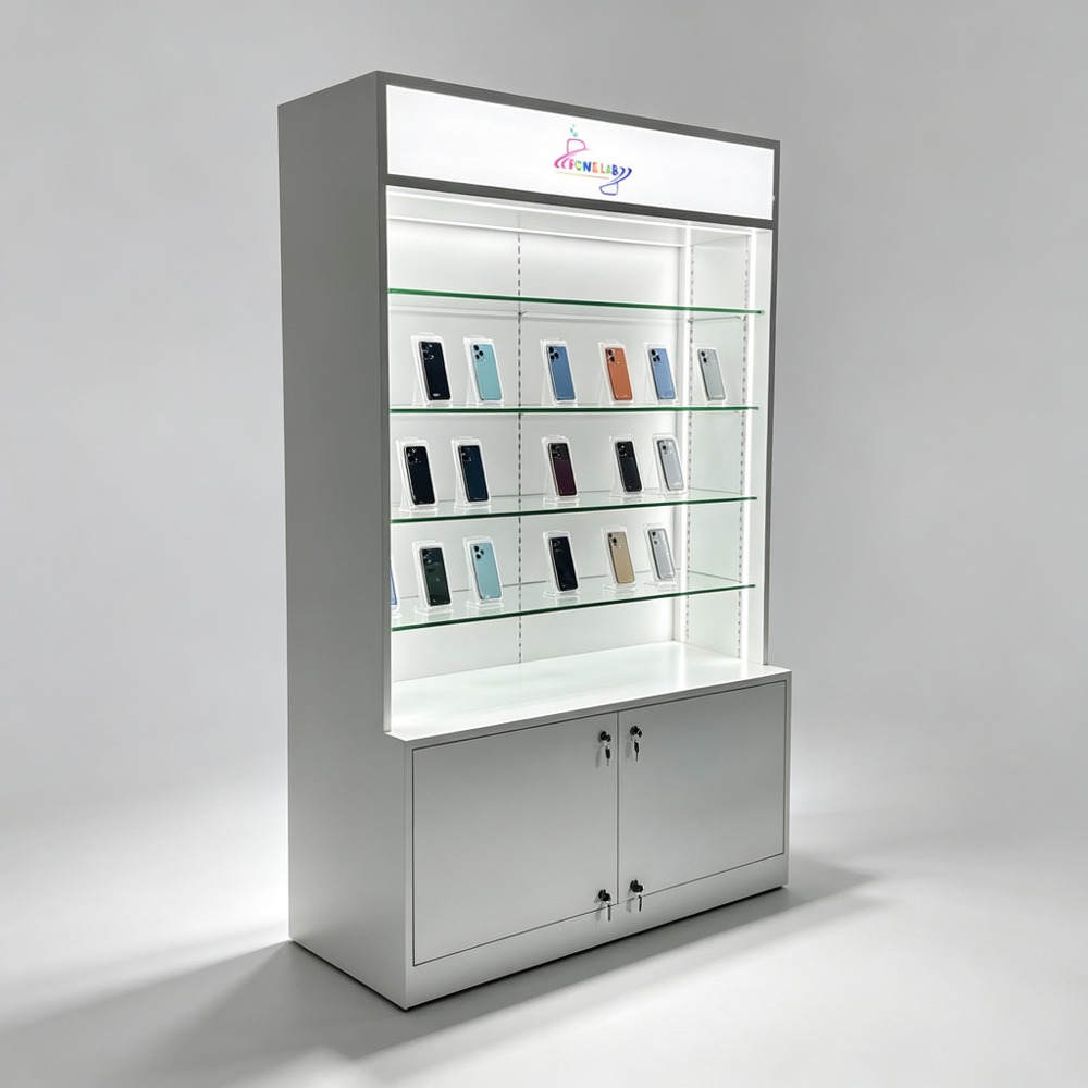 White Display Cabinet with Illuminated Lightbox and Glass Shelves left side view