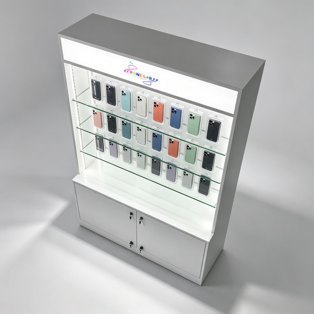 White Display Cabinet with Illuminated Lightbox and Glass Shelves top-down view