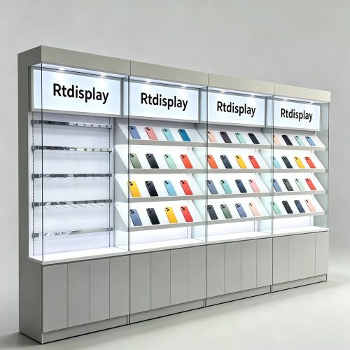 4-Section Modular Wall Display Cabinet with Lightbox Headers front three-quarter view